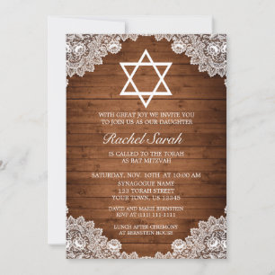 Rustic Wood & White Lace Bar Bat Mitzvah Kaart