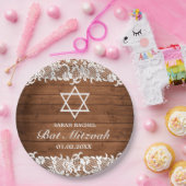 Rustic Wood & White Lace Bar Bat Mitzvah Papieren Bordje (Feest)