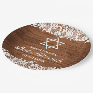 Rustic Wood & White Lace Bar Bat Mitzvah Papieren Bordje