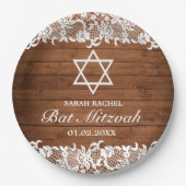 Rustic Wood & White Lace Bar Bat Mitzvah Papieren Bordje (Voorkant)