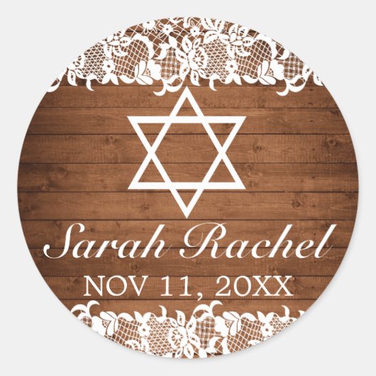 Rustic Wood & White Lace Bar Bat Mitzvah Ronde Sticker (Voorkant)