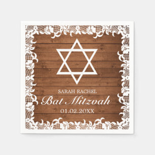 Rustic Wood & White Lace Bar Bat Mitzvah Servet