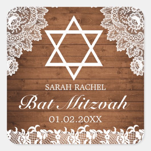 Rustic Wood & White Lace Bar Bat Mitzvah Vierkante Sticker (Voorkant)
