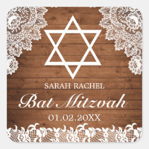Rustic Wood & White Lace Bar Bat Mitzvah Vierkante Sticker