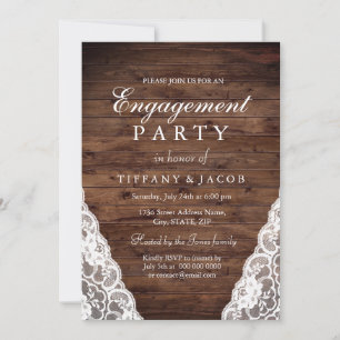 Rustic Wood White Lace Engagement Party Kaart