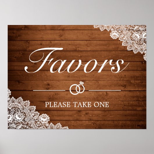 Rustic Wood & White Lace Favors Wedding Sign Poster (Voorkant)
