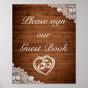 Rustic Wood & White Lace Guest Book Wedding Sign Poster