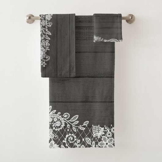 Rustic Wood & White Lace Lacy Farmhouse Bad Handdoek (Insitu)
