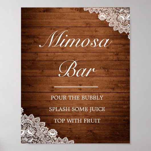 Rustic Wood & White Lace Mimosa Bar Wedding Sign Poster (Voorkant)