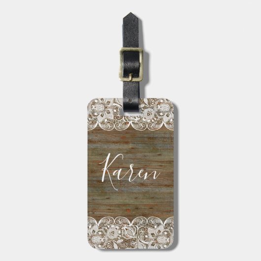 Rustic Wood & White  Lace Monogram Bagagelabel (Voorkant verticaal)