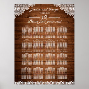 Rustic Wood & White Lace Seating Chart 16 Tables Poster