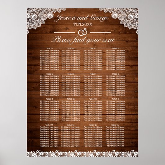 Rustic Wood & White Lace Seating Chart 16 Tables Poster (Voorkant)