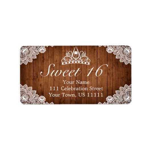 Rustic Wood & White Lace Tiara Sweet 16 Adres Etiket (Voorkant)