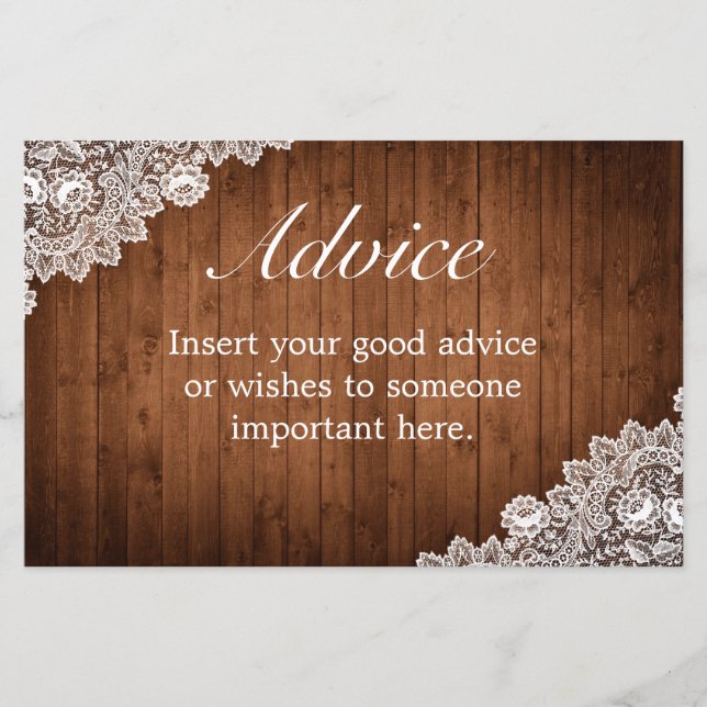 Rustic Wood & White Lace Wedding Advice Kaart (Voorkant)
