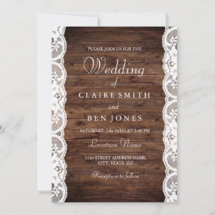 Rustic Wood White Lace Wedding Invite Kaart
