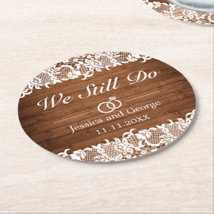 Rustic Wood & White Lace Wedding Jubileum Ronde Kartonnen Onderzetter