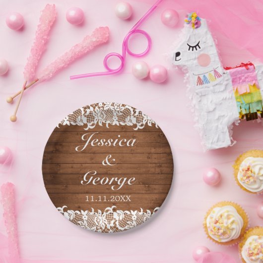 Rustic Wood & White Lace Wedding Papieren Bordje (Feest)