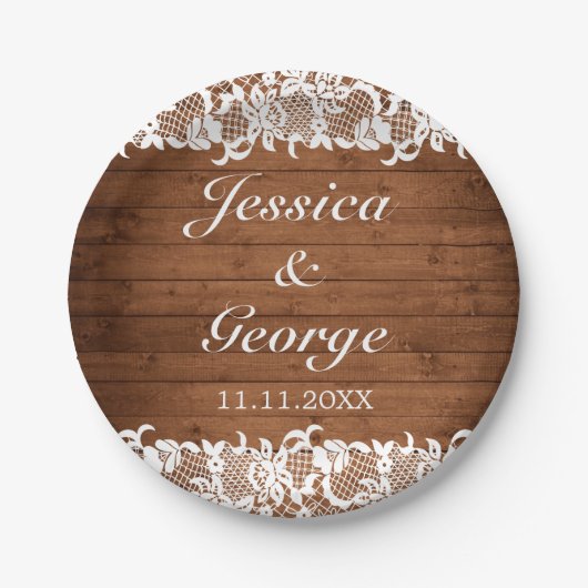 Rustic Wood & White Lace Wedding Papieren Bordje (Voorkant)