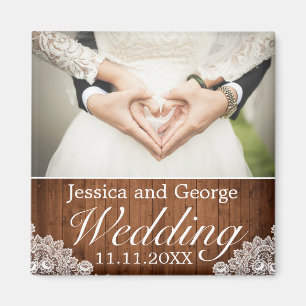 Rustic Wood & White Lace Wedding Photo Magneet