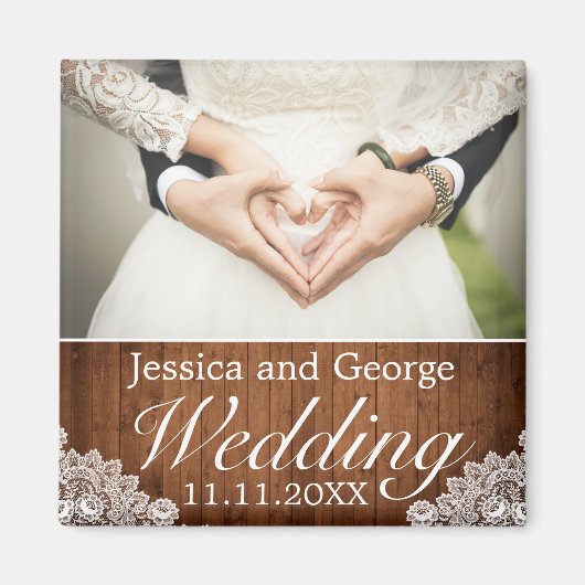 Rustic Wood & White Lace Wedding Photo Magneet (Voorkant)