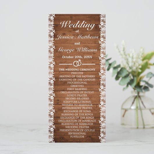 Rustic Wood & White Lace Wedding Programma (Staand voorkant)