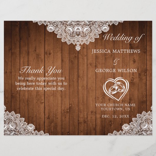 Rustic Wood & White Lace Wedding Programme (Devant)
