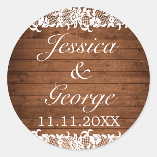 Rustic Wood & White Lace Wedding Ronde Sticker (Voorkant)