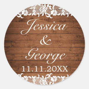 Rustic Wood & White Lace Wedding Ronde Sticker