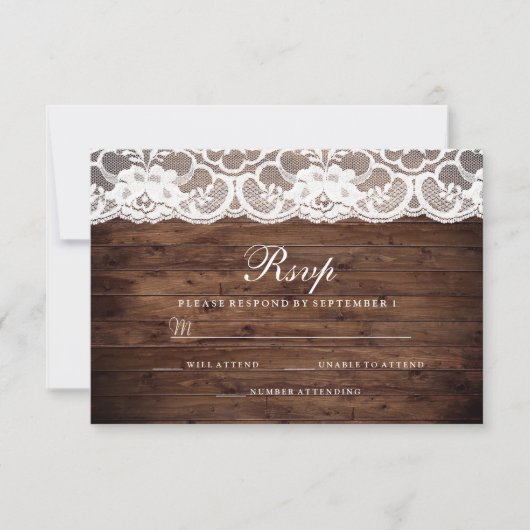 Rustic Wood  White Lace Wedding RSVP Kaartje (Voorkant)