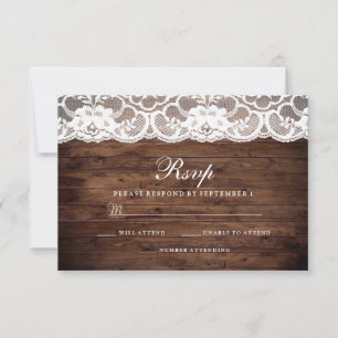 Rustic Wood  White Lace Wedding RSVP Kaartje