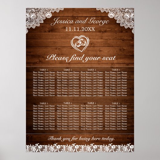 Rustic Wood & White Lace Wedding Seating Chart Poster (Voorkant)