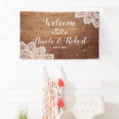 Rustic Wood White Lace Wedding Welkom Spandoek (Insitu)