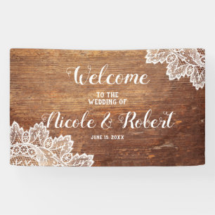 Rustic Wood White Lace Wedding Welkom Spandoek