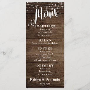 Rustic Wood, White Lights & Script Wedding Menu