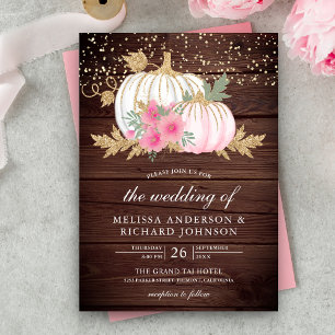 Rustic Wood White Pumpkin Pink Floral Fall Wedding Kaart