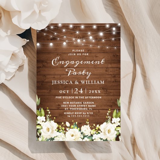 Rustic Wood White Roses Hydrangea Engagement Party Kaart