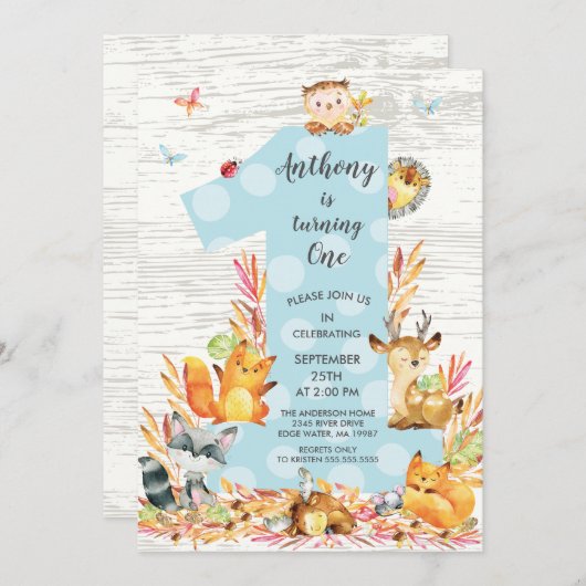 Rustic Wood Woodland One Boys Birthday Invitation Kaart (Voorkant / Achterkant)