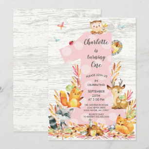 Rustic Wood Woodland One Girls Verjaardag Uitnodig Kaart