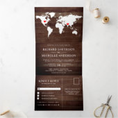 Rustic Wood World Map All in One Wedding Drieluik Uitnodiging (Binnen)