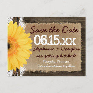 Rustic Wood Yellow Daisy Save the Date Briefkaarte Aankondigingskaart