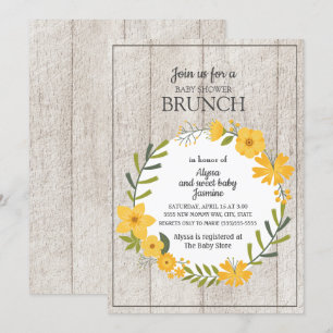 Rustic Wood Yellow Floral Baby shower Brunch Kaart