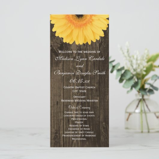 Rustic Wood Yellow Gerber Daisy Wedding Programs Programma (Staand voorkant)