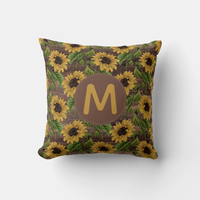 Rustic Wood Yellow Sunflower Monogram Kussen (Voorkant)