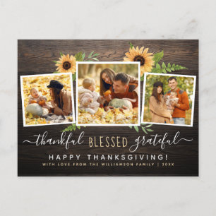 Rustic Wood & zonnebloemen 3 Foto's Thanksgiving Uitnodiging Briefkaart