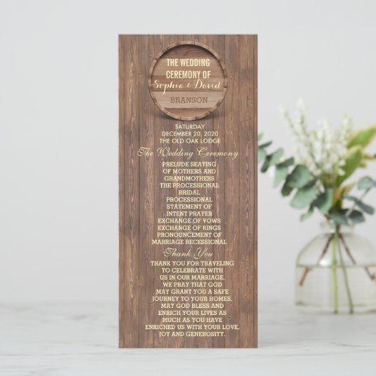 Rustic Wooden Barrel Wedding Custom Program Programma (Staand voorkant)