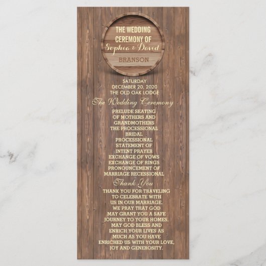 Rustic Wooden Barrel Wedding Custom Program Programma (Voorkant)