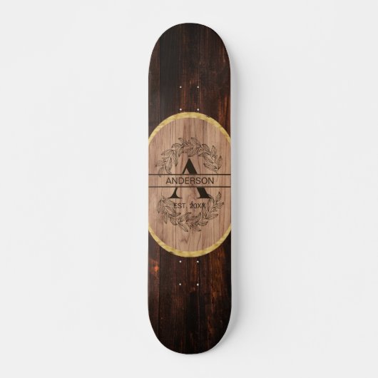 Rustic Wooden Monogram Naam Aangepaste Familienaam Skateboard (Voorkant)