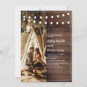 Rustic Wooden String Lights Photo Wedding Kaart (Voorkant)
