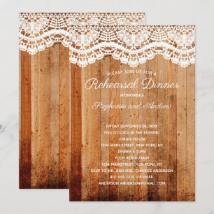 Rustic Wooden White Lace Country Rehearsal Dinner Kaart