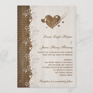 Rustic Woodgrain Floral Lace Hearts Wedding Invite Kaart